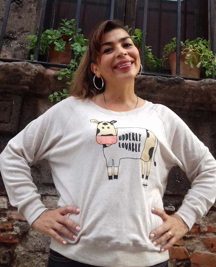 Eva wearing an MFA sweater